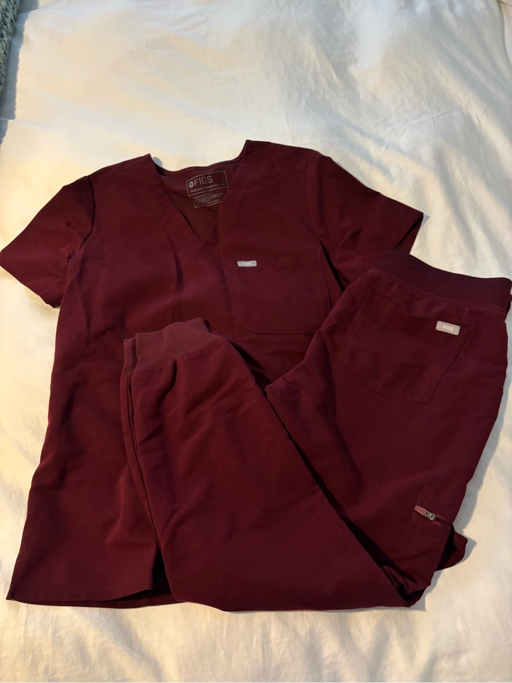 Figs Burgundy V-Neck Scrub Top and Jogger Pants